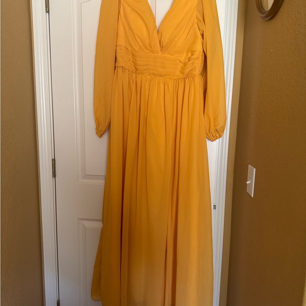 Yellow Bishop Sleeve Plunge Neck Gown